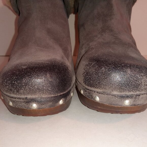 UGG Lynnea Wm 7US/38EU Gray Suede Shearling Ankle Boots Wooden Clog Soles - Picture 7 of 12